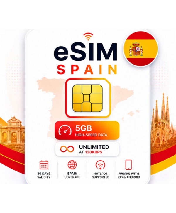 eSIM Spain - 5GB High-Speed, Then Unlimited Data at 128kbps valid for 30 Days Android Key EUROPE